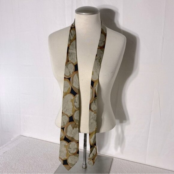 Vintage Boss Hugo Boss Black Tan Cameo Print 100% Silk Tie - Picture 1 of 9